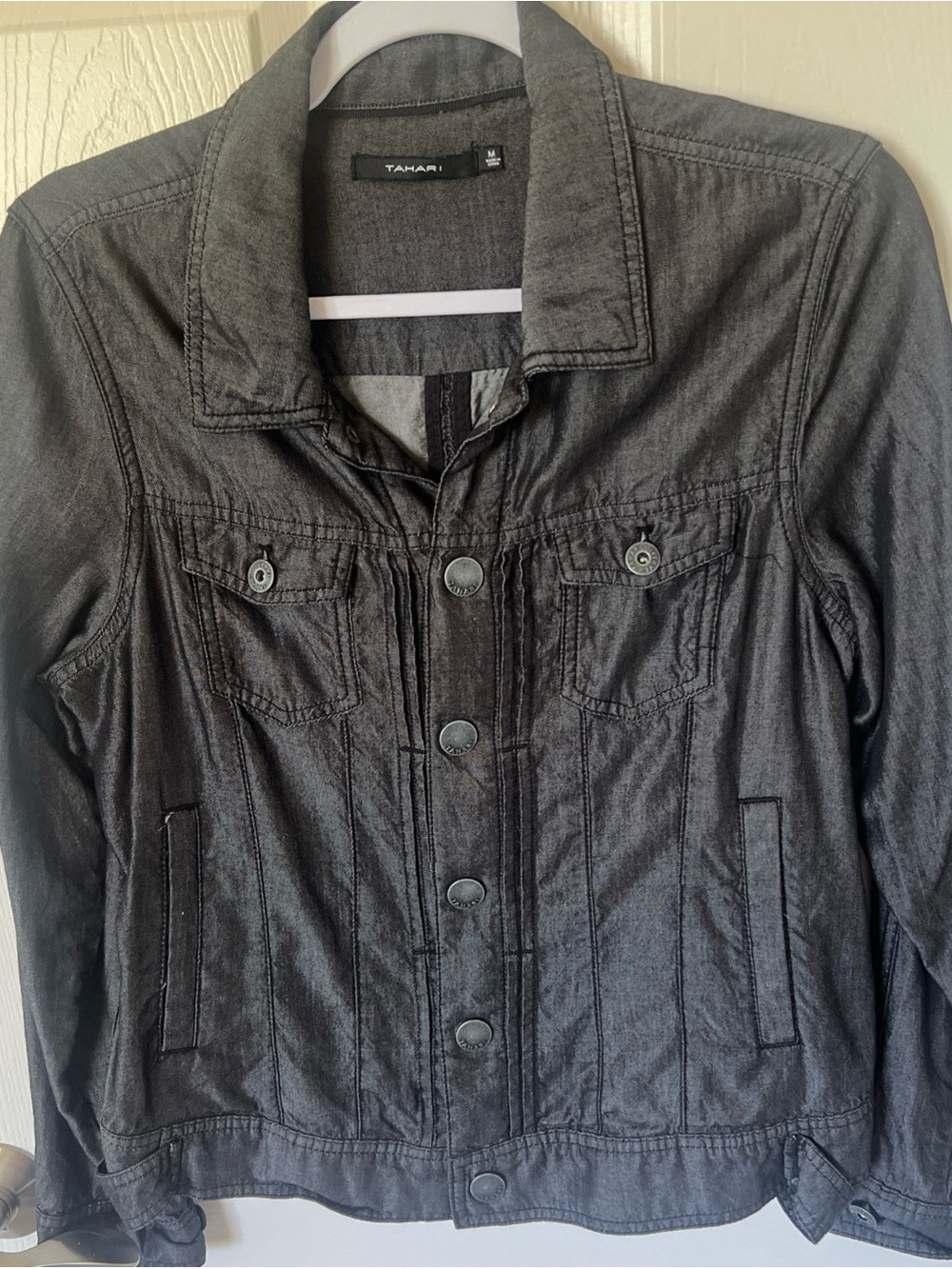 Tahari Women’s Black Denim-Style Button Up (Snaps) Jacket